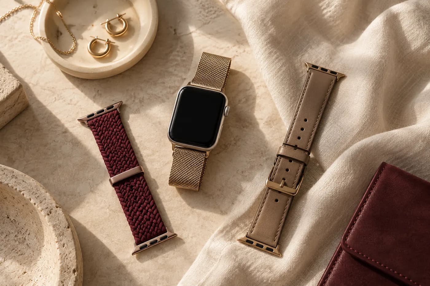 Styling inspiration: a mesh watch bracelet, burgundy woven band and taupe leather band arranged with jewelry on a limestone surface