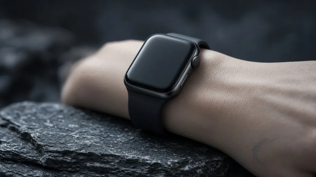 Apple Watch on a wrist resting on dark slate stone