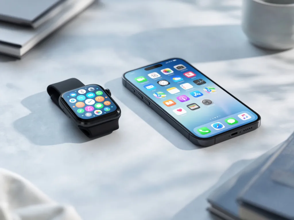 Apple Watch beside an iPhone with glowing app grids