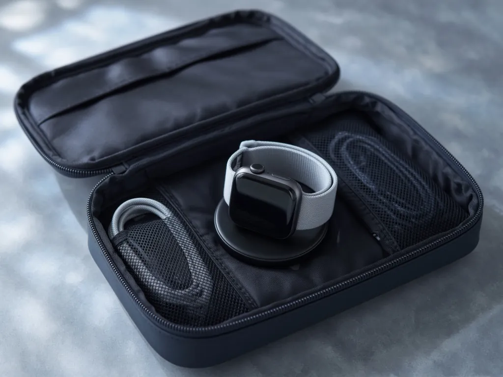 Apple Watch charging in an open travel organizer pouch